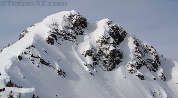 skiers on north face of albright