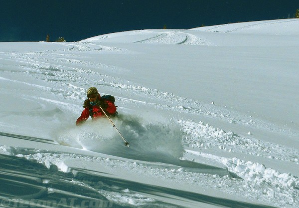 julia skis powder on 10686