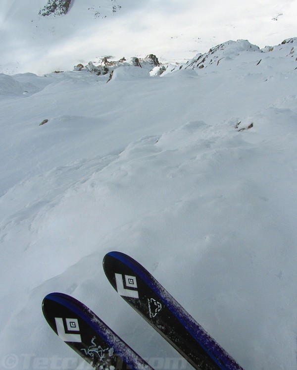 looking down the southwest coulior of the south teton