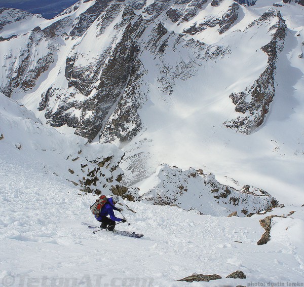 Steve Romeo skiing towards the cruxy section
