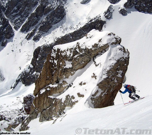 skiing towards the chevy couloir